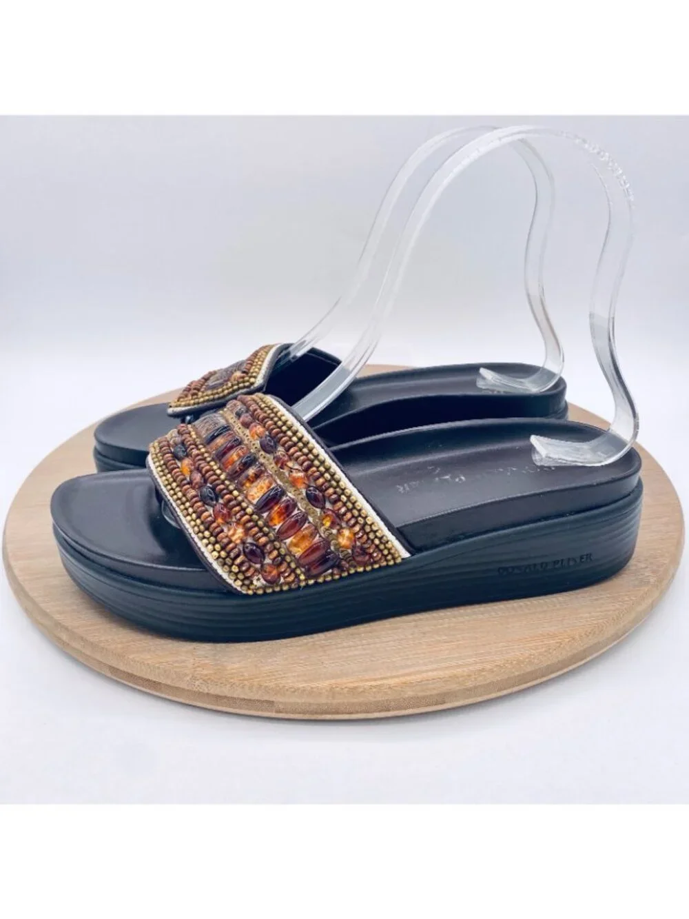 Donald Pliner Sandals Womens 6 Brown Leather Beaded Slides Luxury Italy